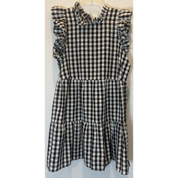 Mud Pie Black and White Checkered Dress Ruffled Keyhole Neck and Sleeves Size L - Picture 1 of 3